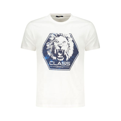 Cavalli Class White Cotton Men T-Shirt with bold lion print and brand logo, short sleeves, luxurious cotton material, fashion-forward style