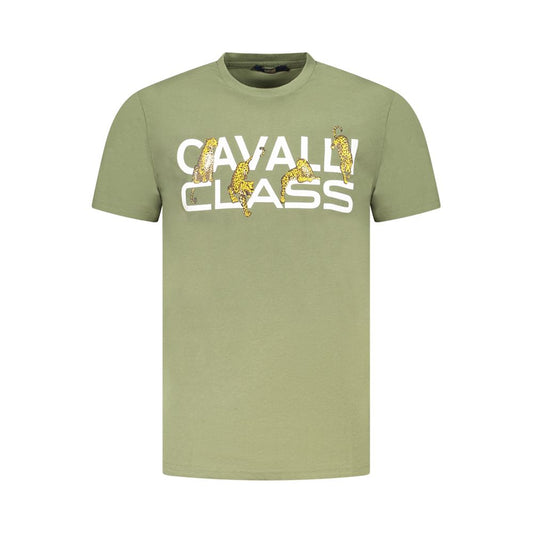 Cavalli Class Green Cotton Men T-Shirt with logo and distinguished print on chest.