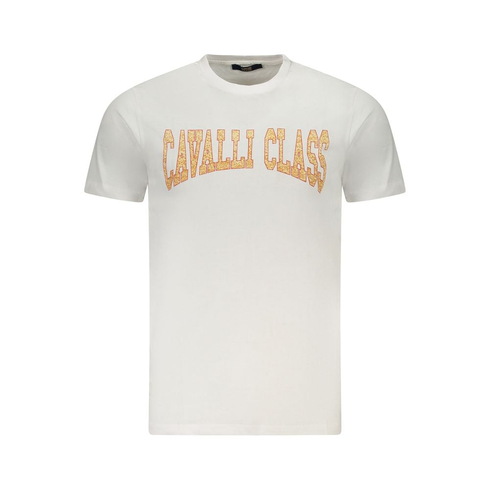Cavalli Class White Cotton Men T-Shirt with bold logo and short sleeves, luxury designer wear.
