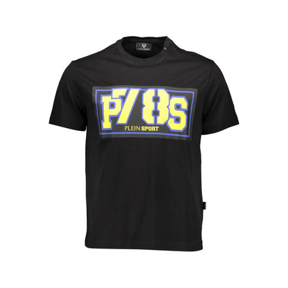 Plein Sport Black Cotton Men T-Shirt with bold print and contrasting details for athletic style and comfort.