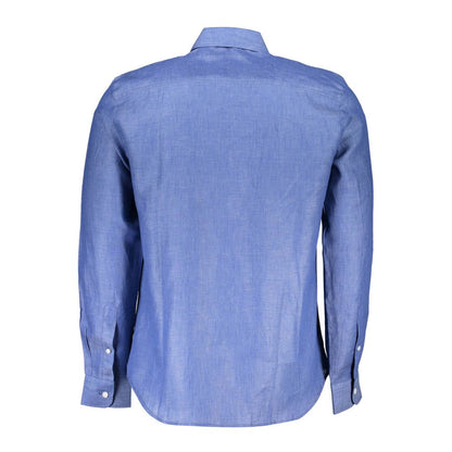 Back view of North Sails Blue Linen Men Shirt showing long sleeves and button cuffs, designed for a stylish and sophisticated look.