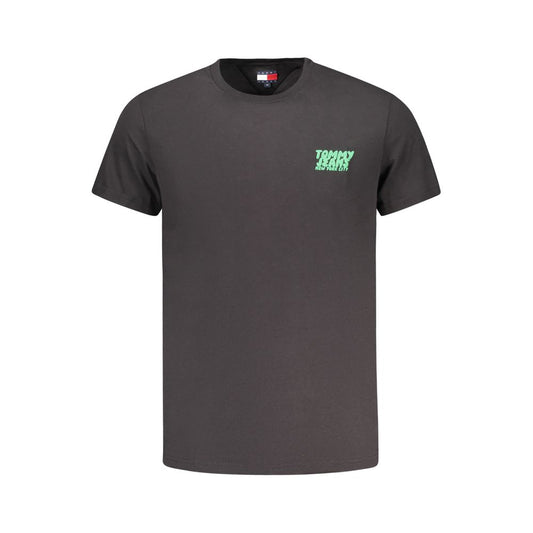 Tommy Hilfiger Black Cotton Men T-Shirt with logo, short sleeve design, made from regenerative cotton for style and sustainability.