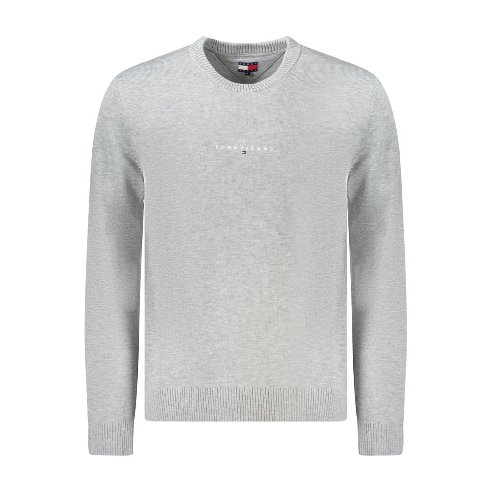 Men's gray sweater featuring Tommy Hilfiger designer logo, illustrating blend of style and comfort. Ideal for casual or office wear.