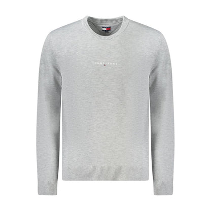 Men's gray sweater featuring Tommy Hilfiger designer logo, illustrating blend of style and comfort. Ideal for casual or office wear.