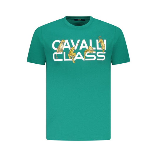 Cavalli Class Green Cotton Men T-Shirt with logo, short sleeve design, vibrant green. Perfect blend of luxury and style.
