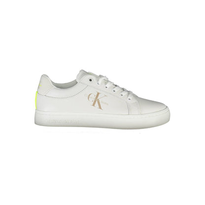 Calvin Klein White Leather Women Sneaker with eco-friendly design and iconic logo, side view.