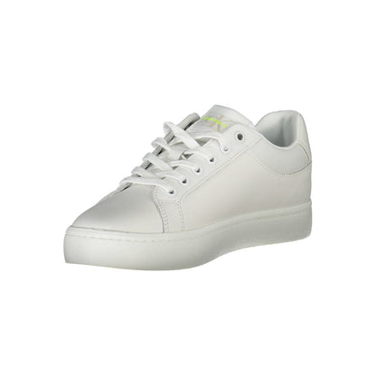 Calvin Klein White Leather Women Sneaker with eco-friendly materials and iconic logo, showcasing stylish and sustainable fashion.