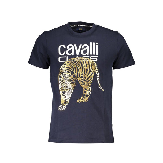 Cavalli Class Blue Cotton Men T-Shirt with bold tiger print, branded logo, crew neck, and short sleeves, showcasing Italian design.