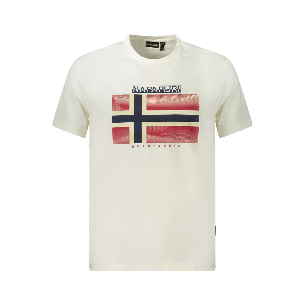 Napapijri White Cotton Men T-Shirt featuring bold logo print, crafted from 100% organic cotton for stylish and comfortable wear.