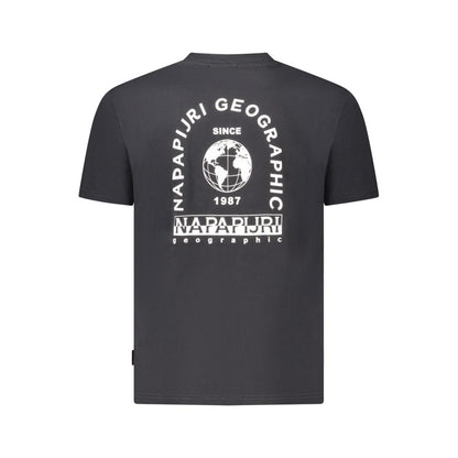 Napapijri Black Cotton Men T-Shirt with logo and bold print design on back, made from 100% organic cotton, featuring relaxed fit for casualwear.