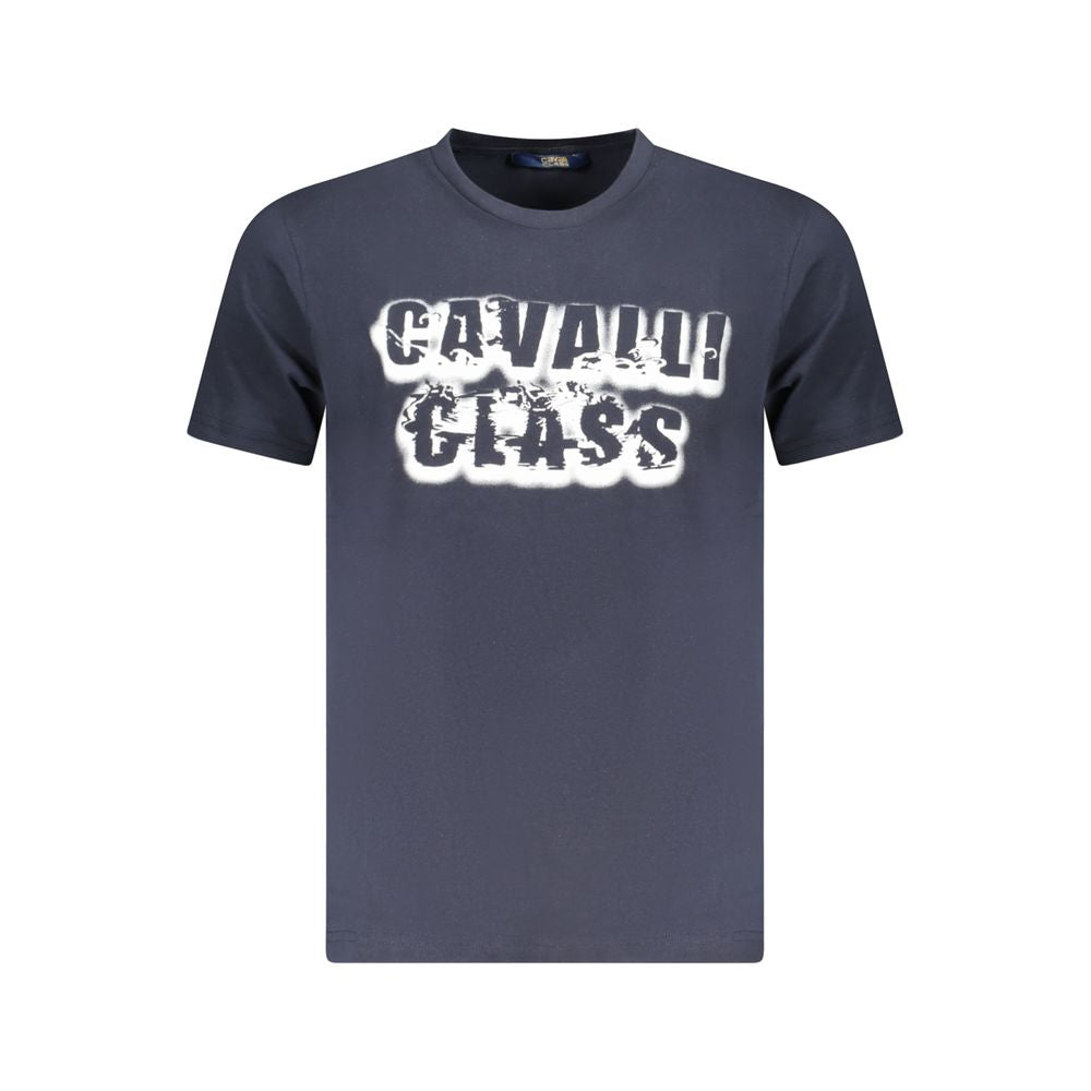 Cavalli Class Blue Cotton Men T-Shirt with bold print and iconic logo in luxury casual style