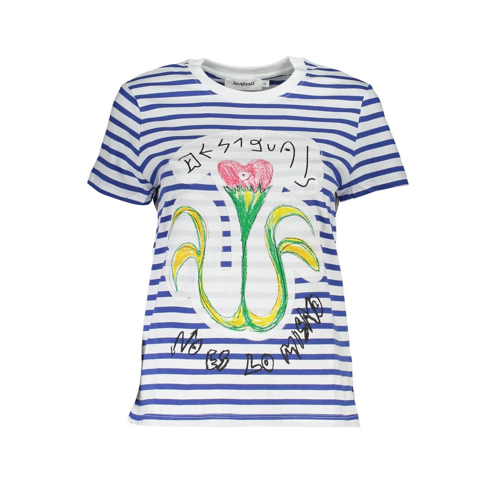 Desigual Blue Cotton Women T-Shirt with vibrant floral and logo design on a striped pattern, perfect for unique style and comfort.