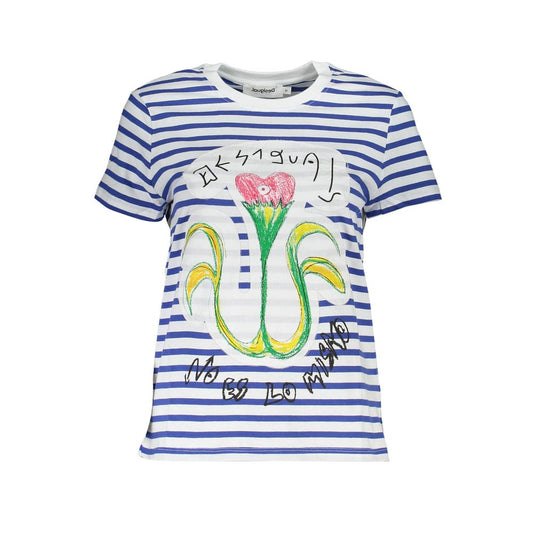 Desigual Blue Cotton Women T-Shirt with vibrant floral and logo design on a striped pattern, perfect for unique style and comfort.