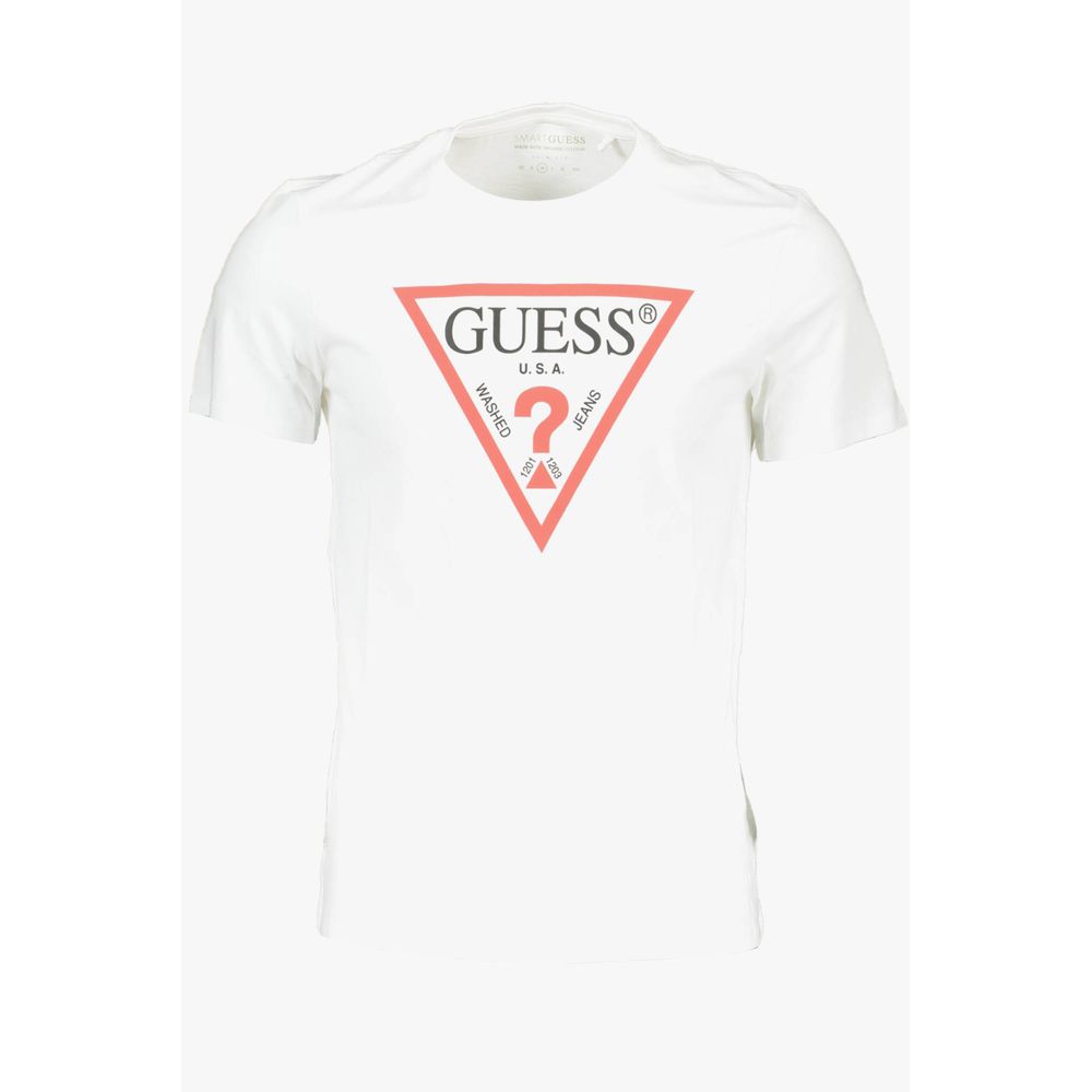 Guess Jeans White Cotton Men T-Shirt with Guess logo, slim fit crew neck design for stylish statement, essential wardrobe piece.