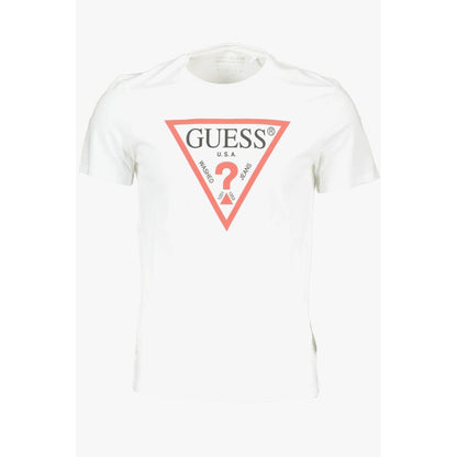 Guess Jeans White Cotton Men T-Shirt with Guess logo, slim fit crew neck design for stylish statement, essential wardrobe piece.