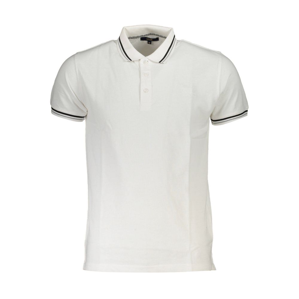 Cavalli Class White Cotton Men Polo Shirt with short sleeves and signature embroidery, offering a blend of sophistication and style.