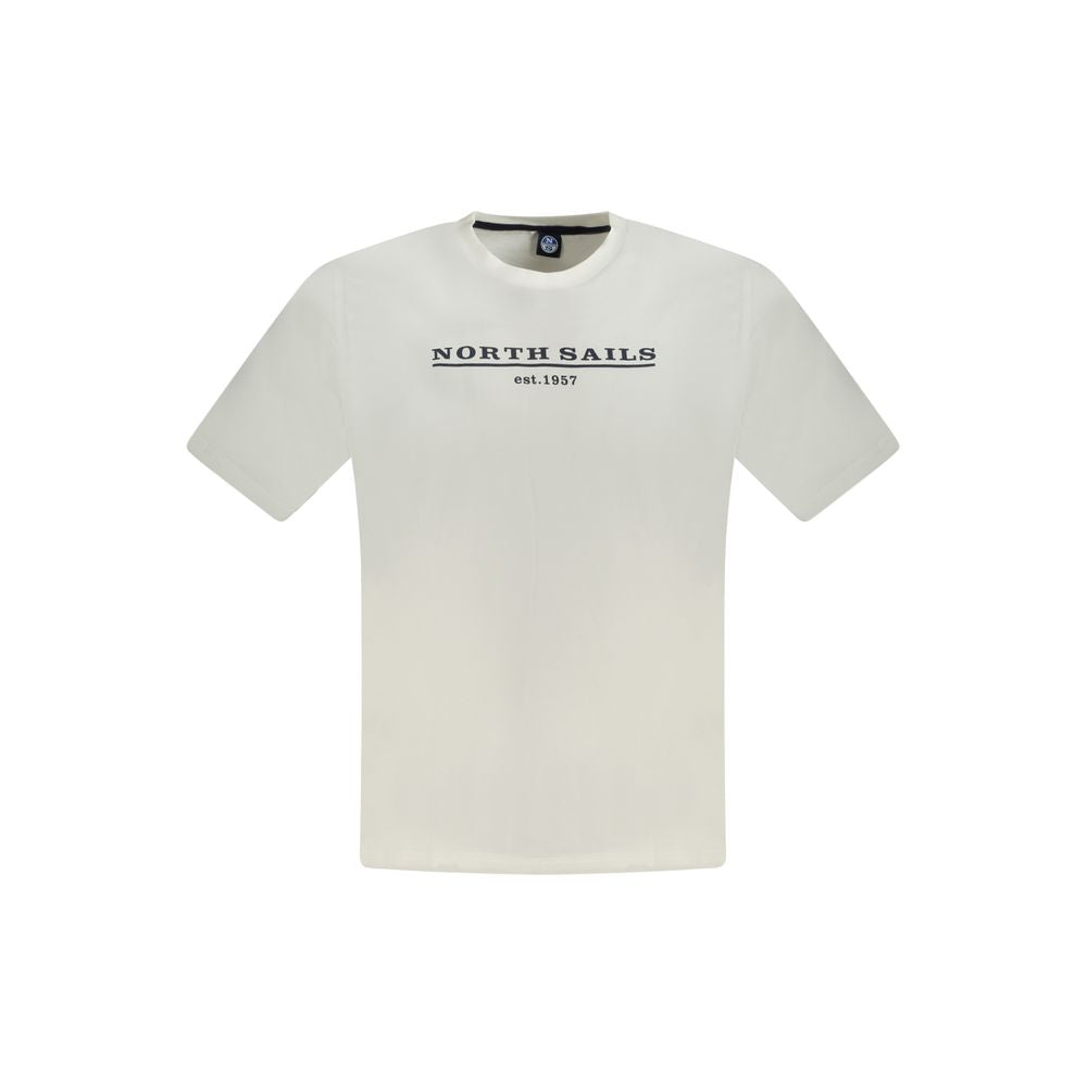 North Sails White Cotton Men T-Shirt featuring iconic logo print, short sleeves, and sustainable soft cotton construction.