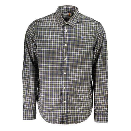Timberland Blue Cotton Shirt, long sleeve, tartan pattern, Italian collar, regular fit, with logo embroidery and button cuffs.
