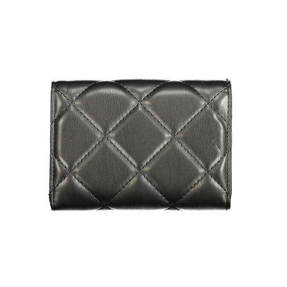 Mario Valentino Black Polyethylene Wallet with quilted design, featuring 3 compartments, coin purse, card spaces, and zip closure.