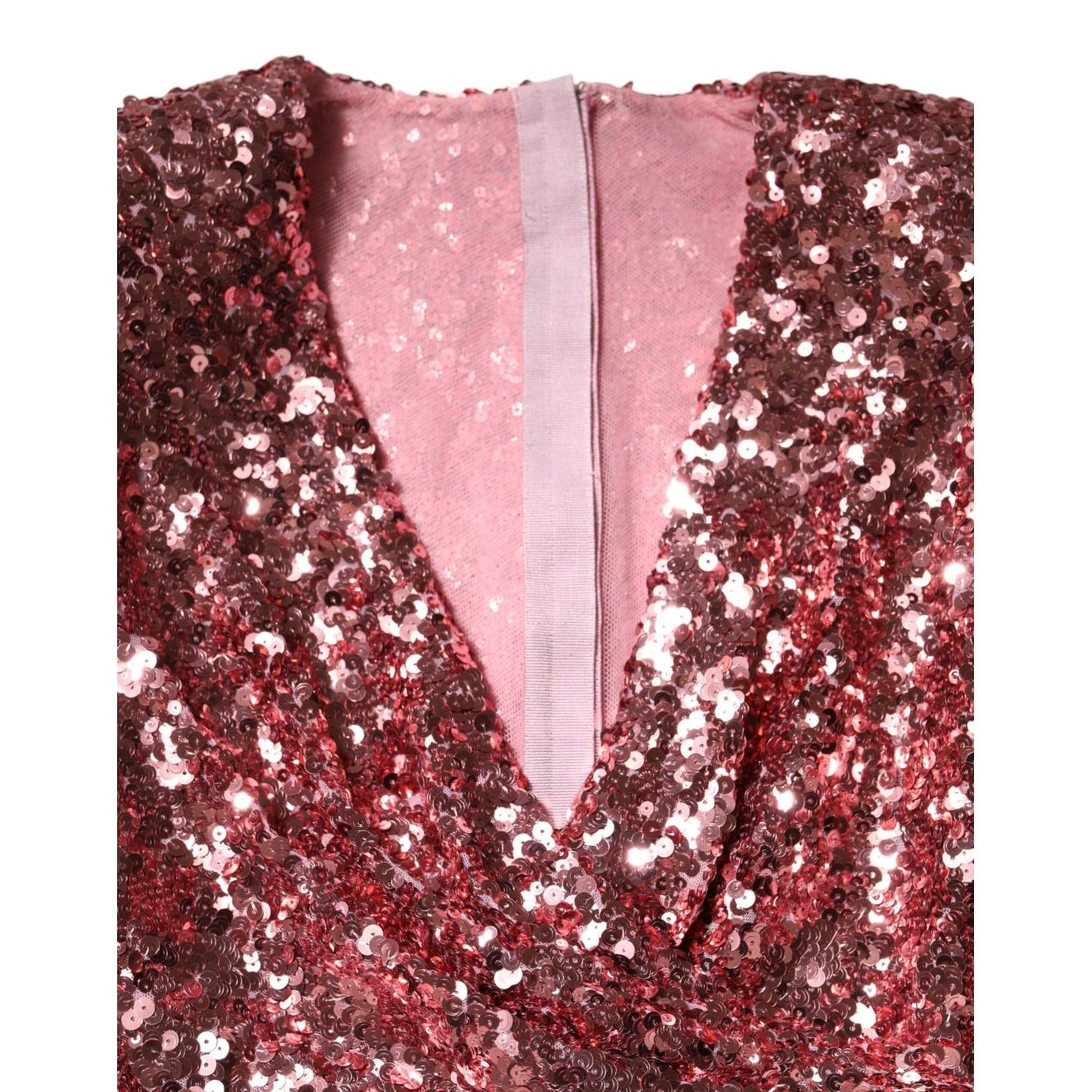 Dolce & Gabbana Pink Sequin Statement Nylon Midi V-Neck Dress