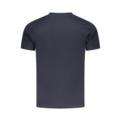 Back view of Cavalli Class Blue Cotton Men T-Shirt showcasing elegant design and luxury crew neck style for sophisticated casual wear.