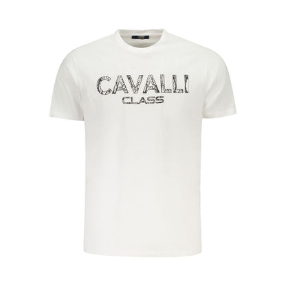 Cavalli Class White Cotton Men T-Shirt with bold logo print, sophisticated style, luxury casual wear