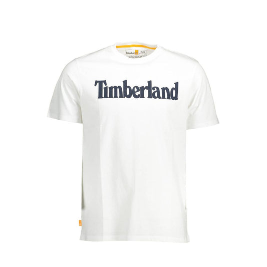 Timberland White Cotton Men T-Shirt, regular fit with short sleeves, featuring bold print and Timberland logo, organic cotton crew neck top.
