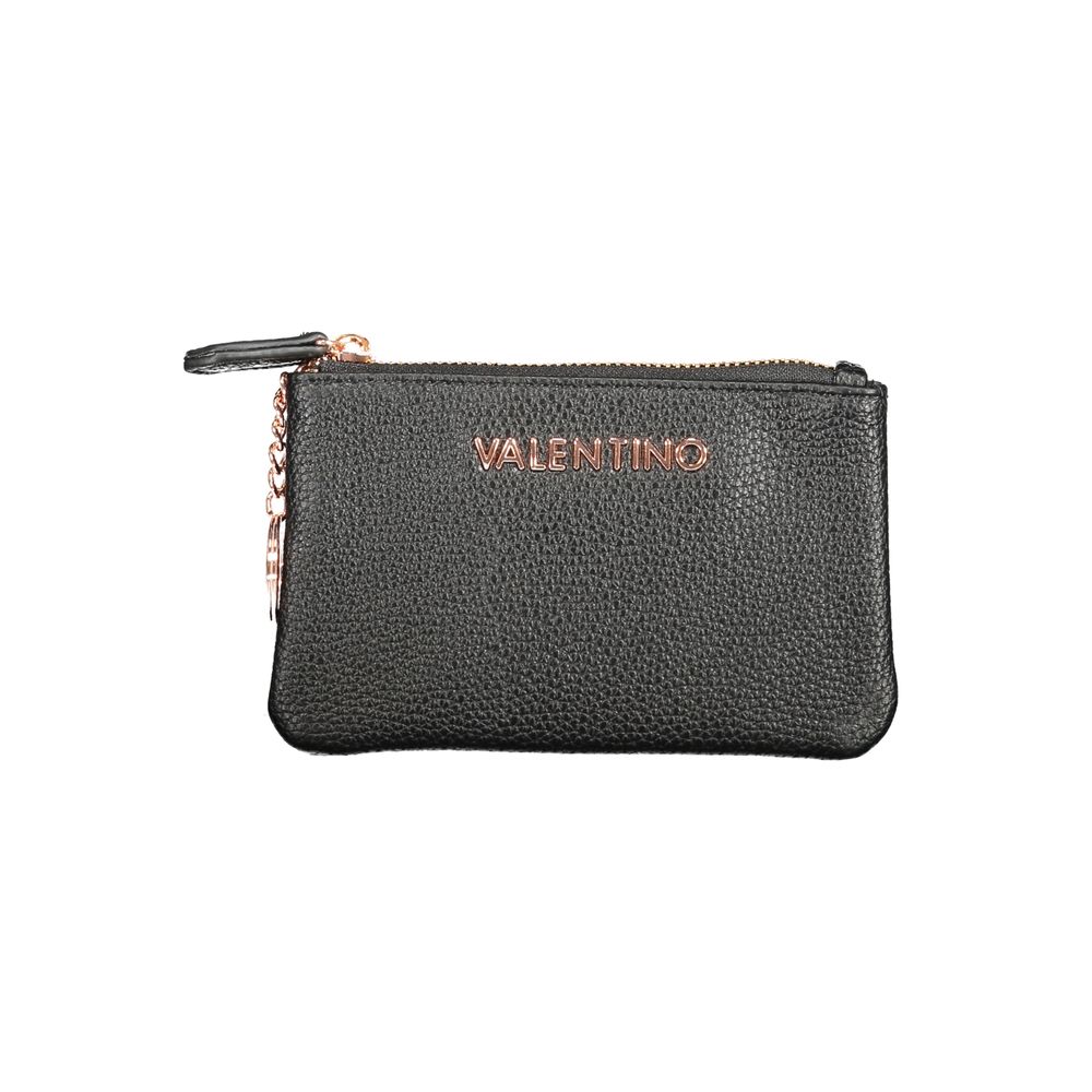 Black Mario Valentino polyethylene wallet with zip closure, internal chain and key ring, and logo. Features card compartments.