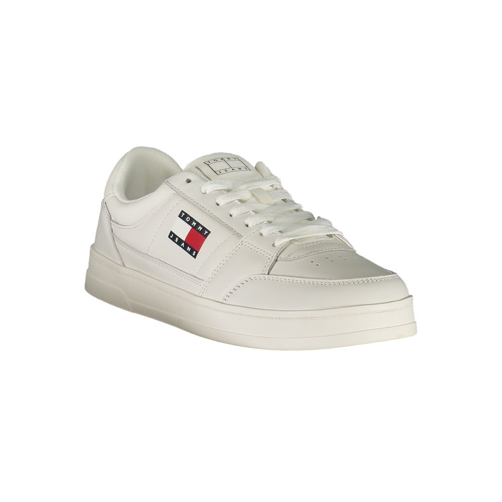 Tommy Hilfiger White Leather Men Sneaker with logo, featuring bold contrasting details and removable insole for personalized comfort.