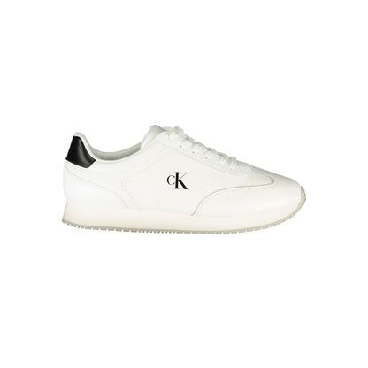 Calvin Klein White Leather Men Sneaker with black detail and logo displayed on side profile.