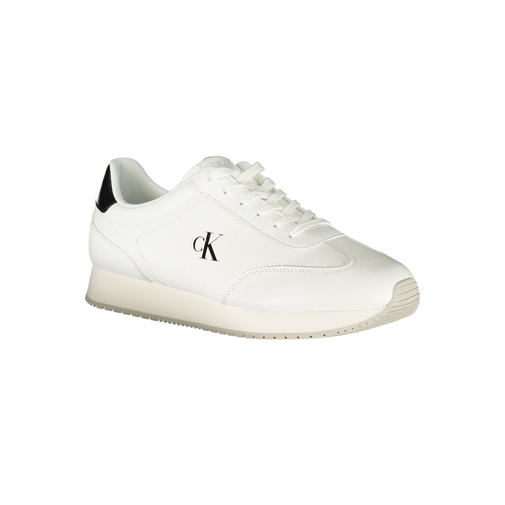Calvin Klein White Leather Men Sneaker with black accents and logo, cushioned footbed for comfort and style, perfect for dynamic men.