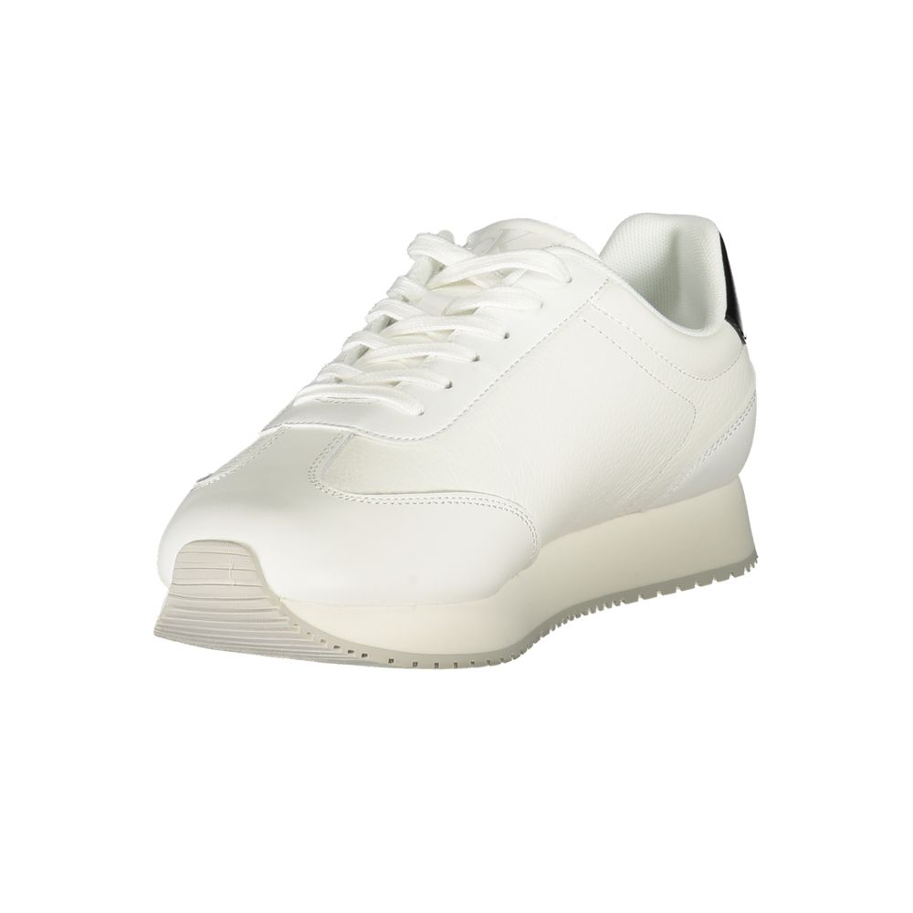 Calvin Klein White Leather Men Sneaker with black accents, featuring a cushioned footbed and sleek design.