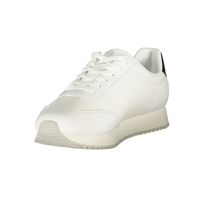 Calvin Klein White Leather Men Sneaker with black accents, featuring a cushioned footbed and sleek design.