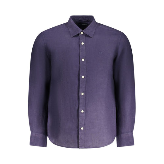 North Sails Blue Linen Men Shirt with Italian collar and embroidery, showcasing superior craftsmanship and elegance.