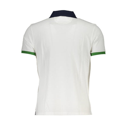 La Martina White Cotton Men Polo Shirt with contrasting green sleeves and navy collar, showcasing a back view for casual sophistication.