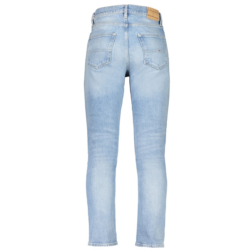 Rear view of Tommy Hilfiger Blue Cotton Men Jeans showcasing tapered fit and iconic embroidery, perfect for a casual day out.