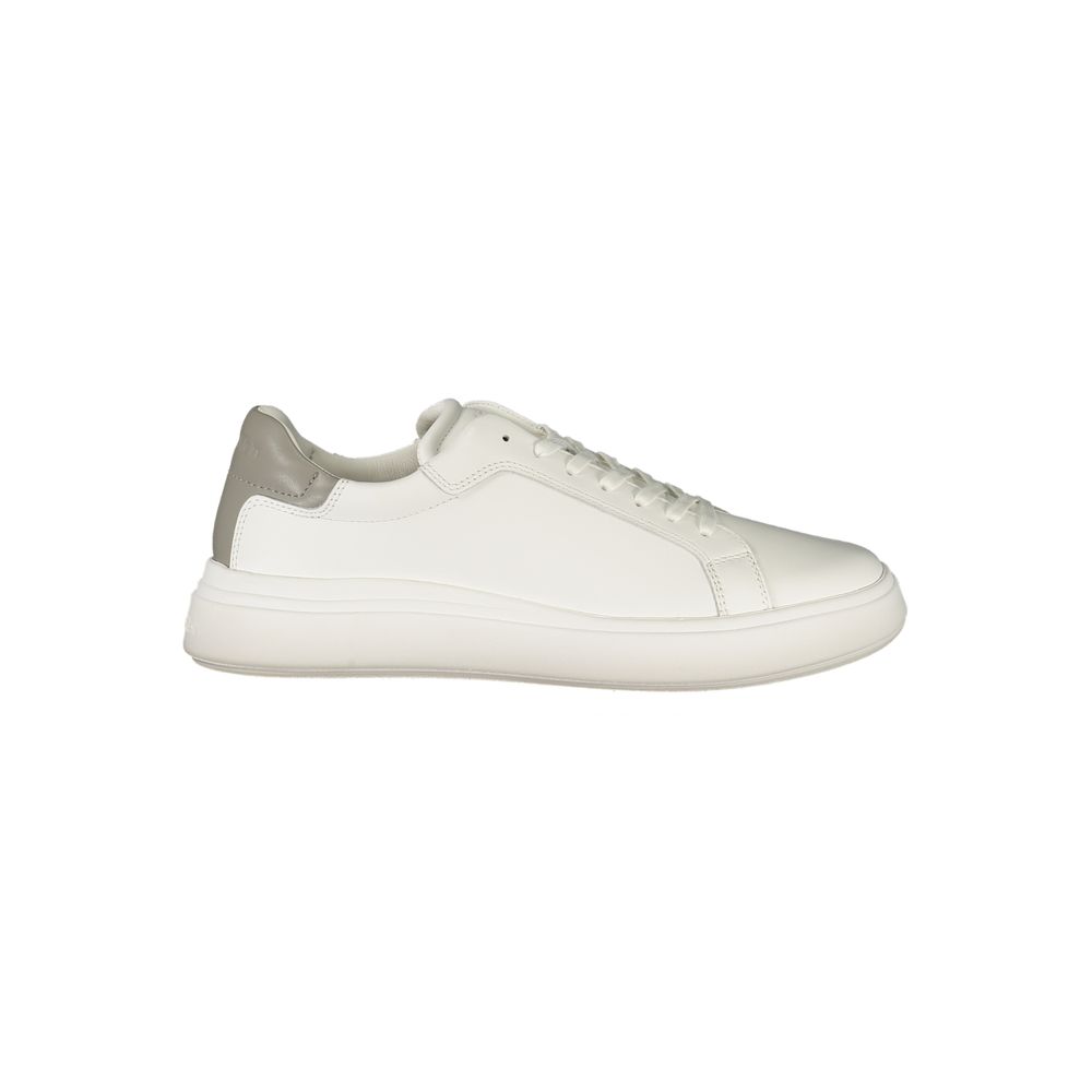 Calvin Klein White Polyester Sneaker with laces and grey details, featuring removable footbed and logo, side view.