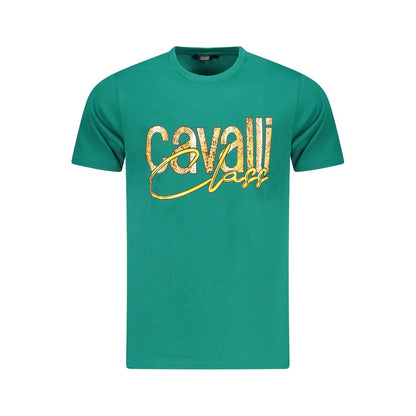 Cavalli Class Green Cotton Men T-Shirt with logo, crew neck, and bold print, ideal for fashion-forward style and comfort.