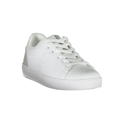 Napapijri White Leather Women Sneaker with polyester material, featuring bold contrasting details and logo for stylish athletes.