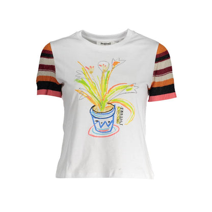 Desigual White Cotton Women T-Shirt with vibrant print and stripes, showcasing the brand's unique style, perfect for fashion-forward individuals.