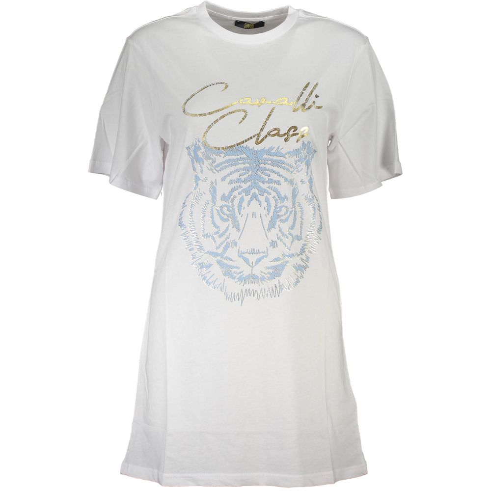 Cavalli Class White Cotton Women T-Shirt with logo print and tiger design, elegant short-sleeve top for trendy casual outfits