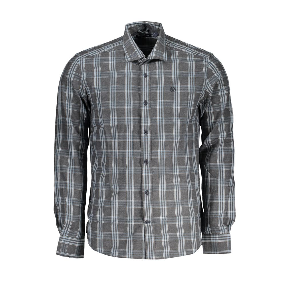 North Sails Brown Cotton Men Shirt with checked pattern and French collar, showcasing a blend of style and sustainability.
