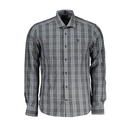 North Sails Brown Cotton Men Shirt with checked pattern and French collar, showcasing a blend of style and sustainability.