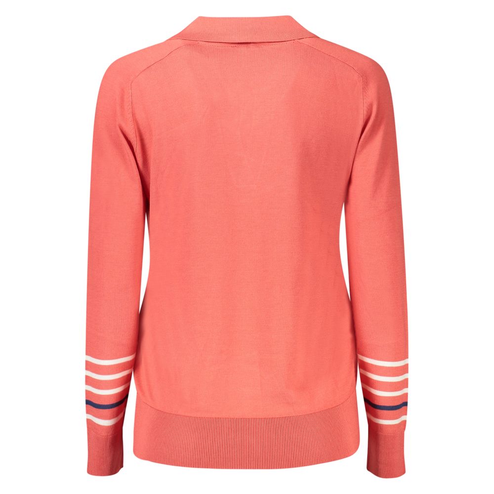 Back view of North Sails Pink Cotton Women Sweater with striped sleeves, showcasing modern design and comfort.