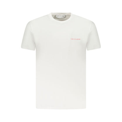 Trussardi White Cotton Men T-Shirt with logo print on front, short sleeve, crew neck, premium cotton blend, luxury fashion piece.