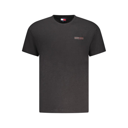 Tommy Hilfiger Black Cotton Men T-Shirt with logo, crew neck, and short sleeves, made from 95% regenerative cotton for sustainable fashion.