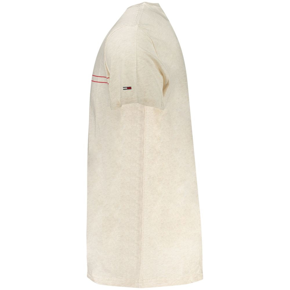 Side view of Tommy Hilfiger Beige Cotton Men T-Shirt with logo detailing on sleeve.