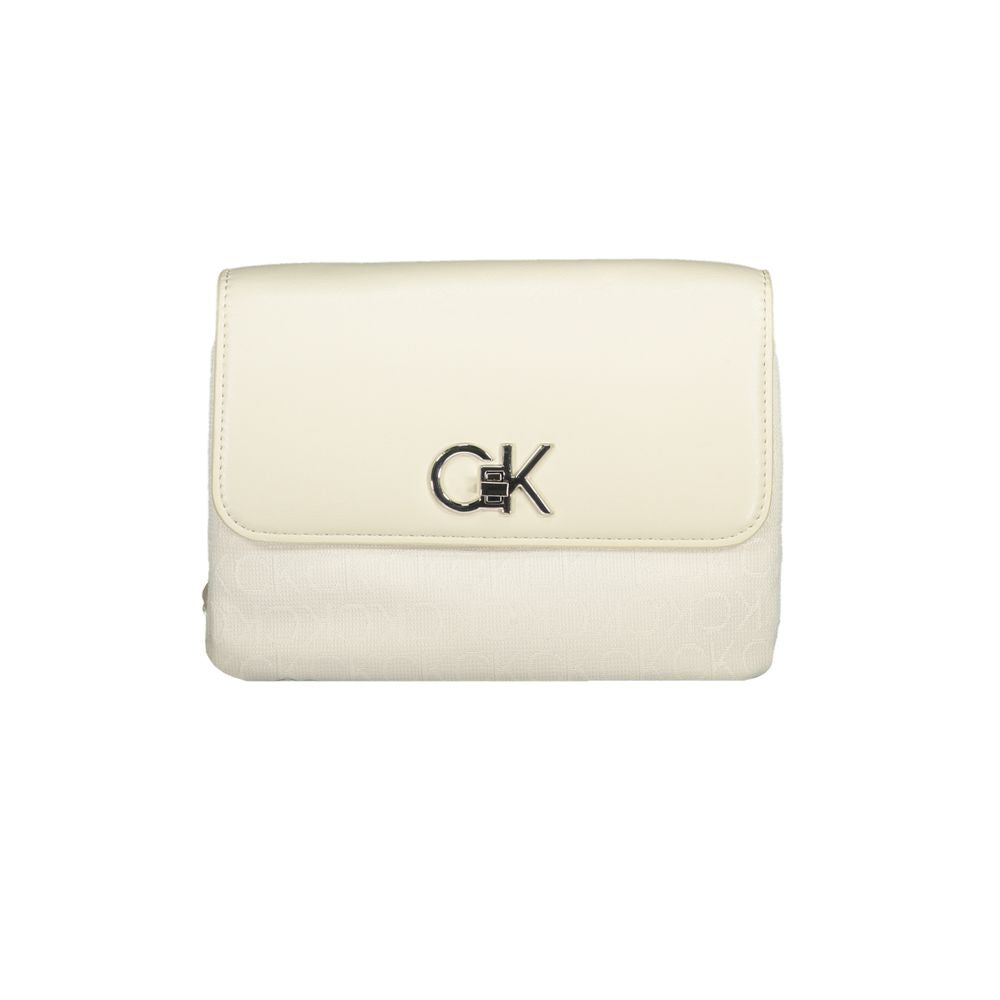 Calvin Klein Beige Polyester Handbag with chain handle, adjustable strap, card pocket, swivel closure, and logo detail.