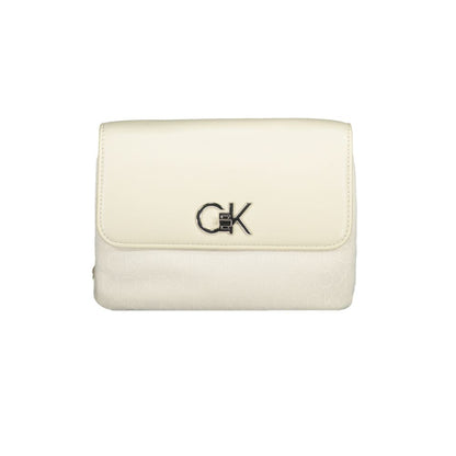 Calvin Klein Beige Polyester Handbag with chain handle, adjustable strap, card pocket, swivel closure, and logo detail.