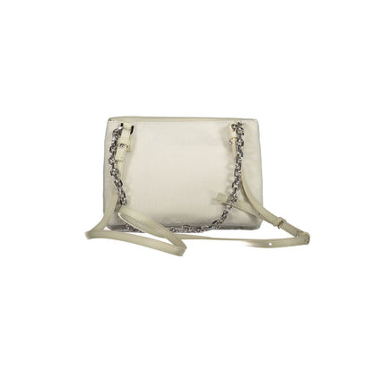Calvin Klein Beige Polyester Handbag with chain handle, adjustably removable shoulder strap, two compartments, and internal card pocket.